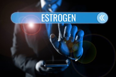 Text sign showing Estrogen, Business overview Group of hormones promote the development of female characteristics