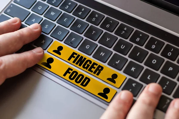 Sign Displaying Finger Food Word Written Products Digestives Held Fingers — 스톡 사진