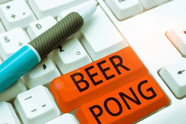 Text caption presenting Beer Pong, Word for a game with a set of beer-containing cups and bouncing or tossing a Ping-Pong ball