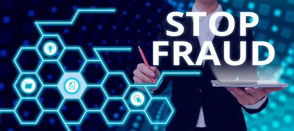Text Sign Showing Stop Fraud Word Written Campaign Advices People — Stock Photo, Image