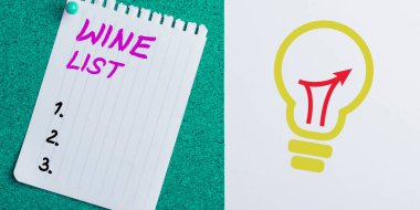 Text showing inspiration Wine List, Conceptual photo menu of wine selections for purchase typically in a restaurant