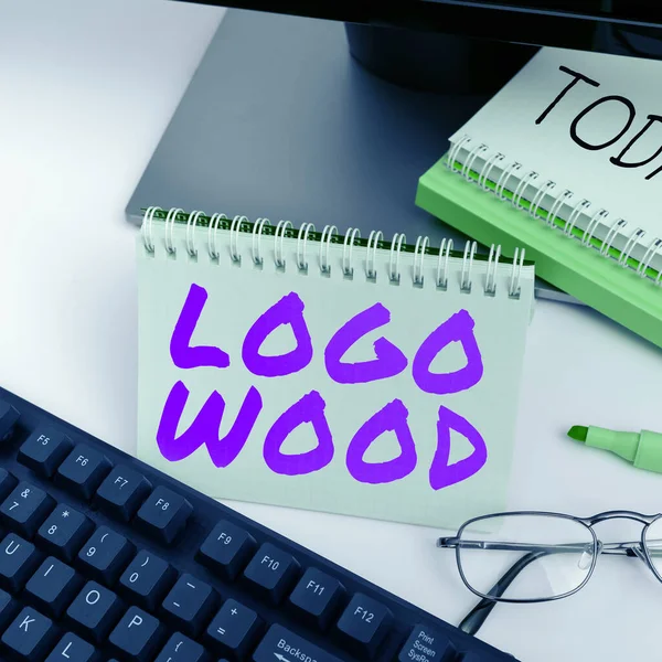 Conceptual caption Logo Wood, Business idea Recognizable design or symbol of a company inscribed on wood