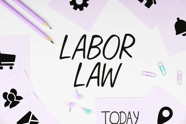 Handwriting text Labor Law, Concept meaning rules relating to rights and responsibilities of workers