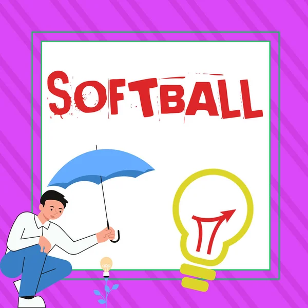 Hand Writing Sign Softball Word Sport Similar Baseball Played Ball —  Fotos de Stock