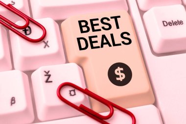 Hand writing sign Best Deals, Business overview very successful transaction or business agreement or a bargain