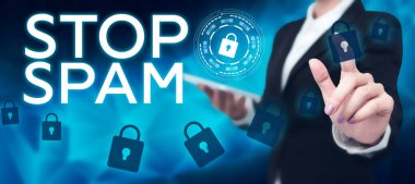 Inspiration showing sign Stop Spam, Business approach end the Intrusive or Inappropriate messages sent on the Internet