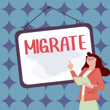 Bir ülkeden diğerine taşınmak veya seyahat etmek için Göç ve iş vitrinlerini gösteren metin işareti