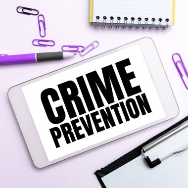 Text caption presenting Crime Prevention, Business concept Federal Offense actions Illegal Activities punishable by Law