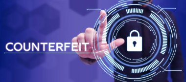 Conceptual display Counterfeit, Word Written on made in imitation of something else with intent to deceive