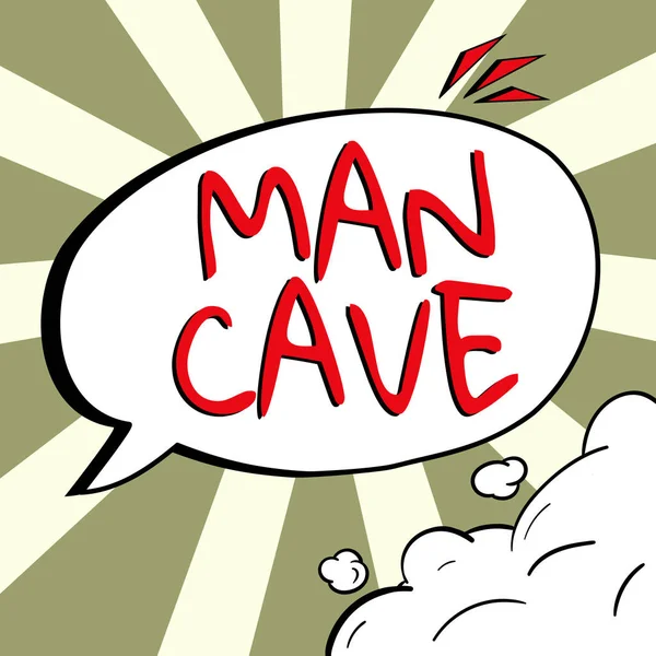 Text caption presenting Man Cave, Word for a room, space or area of a dwelling reserved for a male person