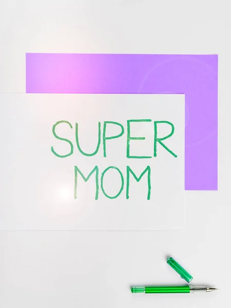 Text caption presenting Super Mom, Business overview a mother who can combine childcare and full-time employment