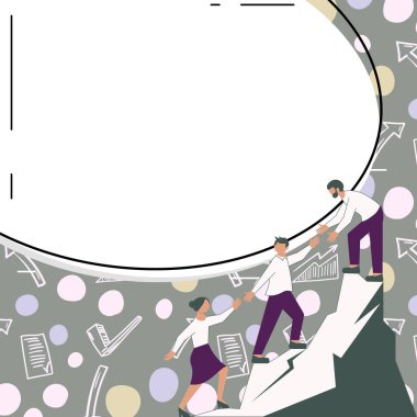 Thee Colleagues Climbing Upwards Mountain.White blank place for text.