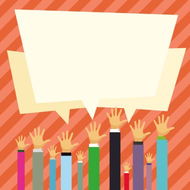 Hands pointing to whiteboard with information. Empty speech bubble.