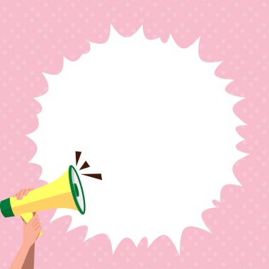 Hand Holding Megaphone With Speech Box Presenting Important Messages.