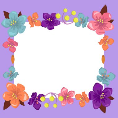 Blank purple Frame Decorated With Colorful Flowers And Foliage
