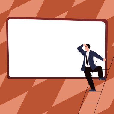 Businessman on stairs looking at text. Empty whiteboard with new Ideas.