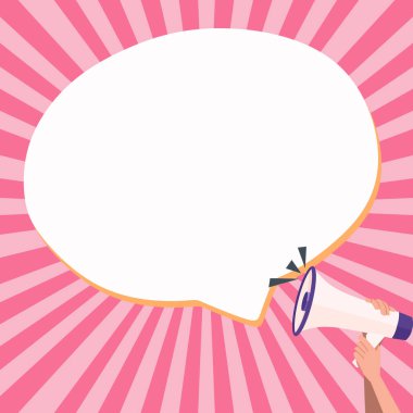 Hand Holding Megaphone With Speech Box Presenting Important Messages.