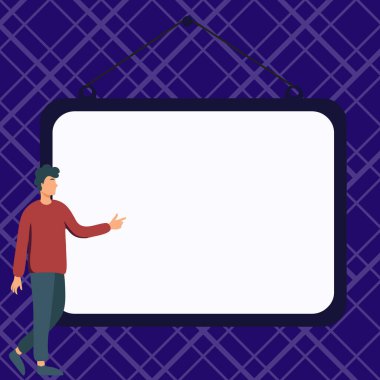 Man shows information on whiteboard. Finger pointing to table with words.