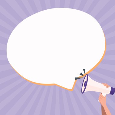 Hand Holding Megaphone With Speech Box Presenting Important Messages.