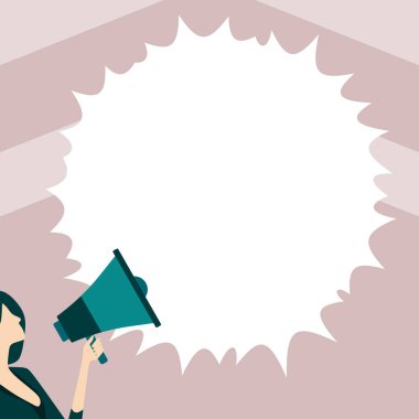 Woman Presenting Text with megaphone. Dialog box on brihgt background.
