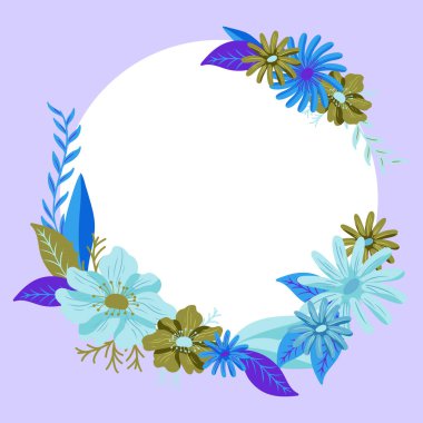 Blank purple Frame Decorated With Colorful Flowers And Foliage