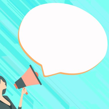Woman Presenting Text with megaphone. Dialog box on brihgt background.