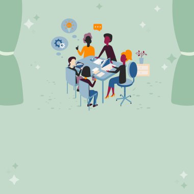 People in office discussing news. Place for text on colored background.