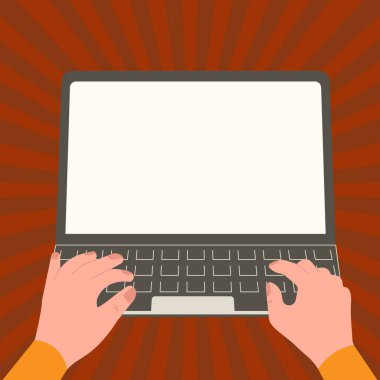 Hands typing text on keyboard. Laptop screen with important information.