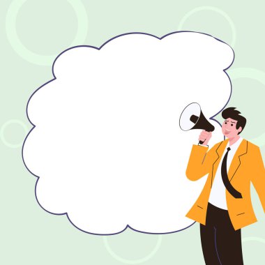 Businessman Show Message with megaphone. Displayed With Drawings Around.