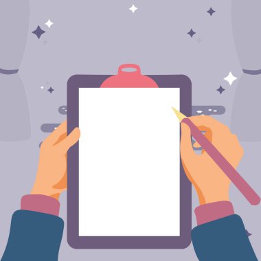 Illustration with hands holdings pencil writing text. New infromation.