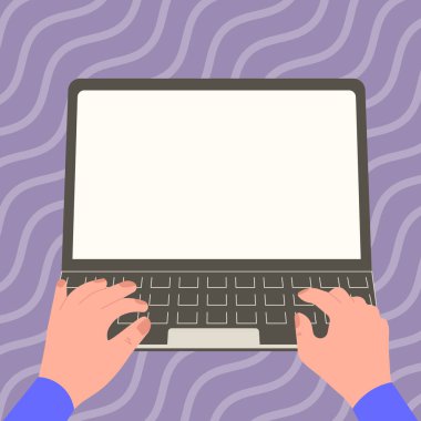 Hands typing text on keyboard. Laptop screen with important information.