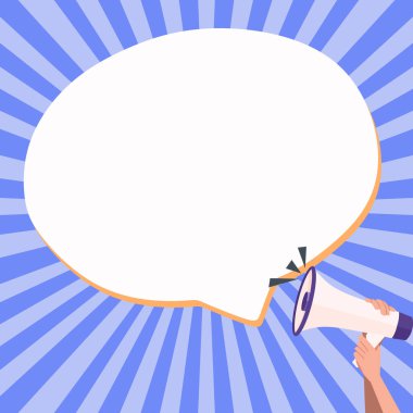 Hand Holding Megaphone With Speech Box Presenting Important Messages.