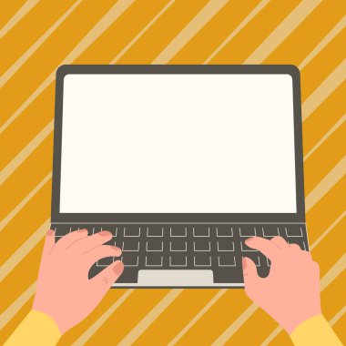 Hands typing text on keyboard. Laptop screen with important information.