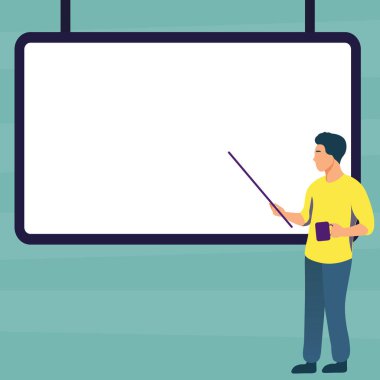 Man pointing with stick to important information written on whiteboard.