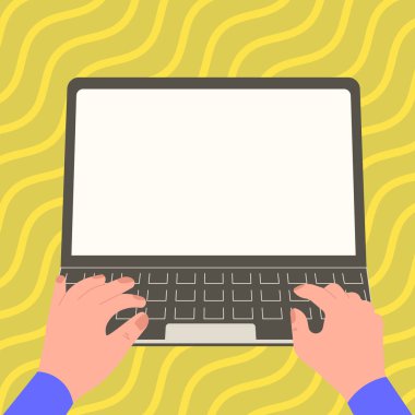 Hands typing text on keyboard. Laptop screen with important information.