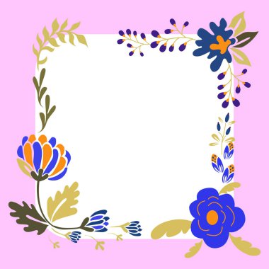 Blank purple Frame Decorated With Colorful Flowers And Foliage