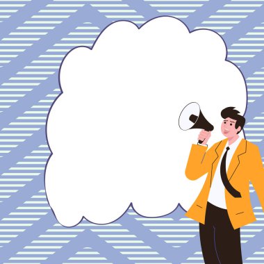 Businessman Show Message with megaphone. Displayed With Drawings Around.