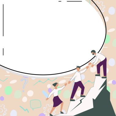 Thee Colleagues Climbing Upwards Mountain.White blank place for text.