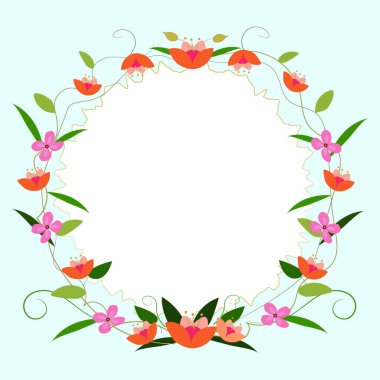 Renkli çiçekler ve ahenkli düzenlenmiş yeşilliklerle donatılmış çerçeve.