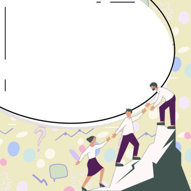 Thee Colleagues Climbing Upwards Mountain.White blank place for text.