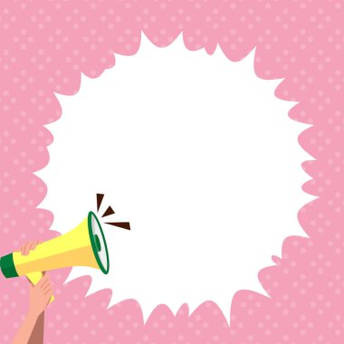 Hand Holding Megaphone With Speech Box Presenting Important Messages.