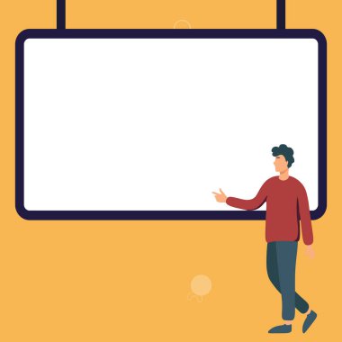 Man shows information on whiteboard. Finger pointing to table with words.