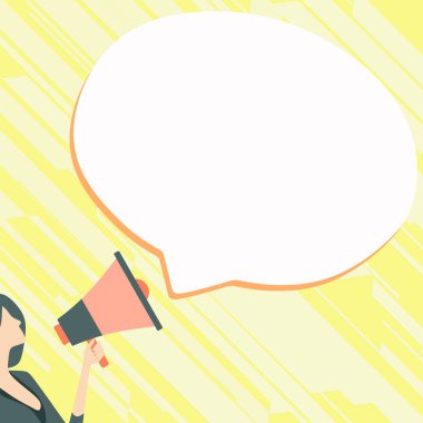 Woman Presenting Text with megaphone. Dialog box on brihgt background.