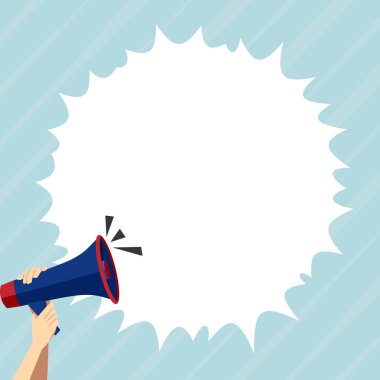 Hand Holding Megaphone With Speech Box Presenting Important Messages.