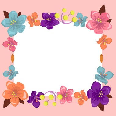 Pink Color. Text Frame Surrounded With Assorted Flowers Hearts And Leaves.