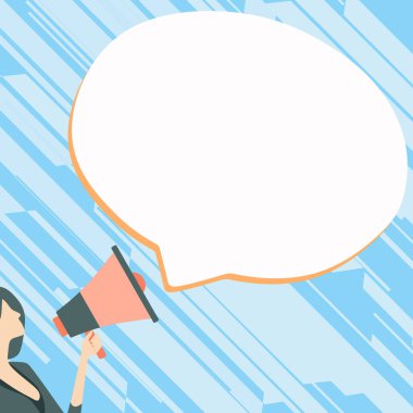 Woman Presenting Text with megaphone. Dialog box on brihgt background.