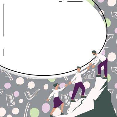 Thee Colleagues Climbing Upwards Mountain.White blank place for text.