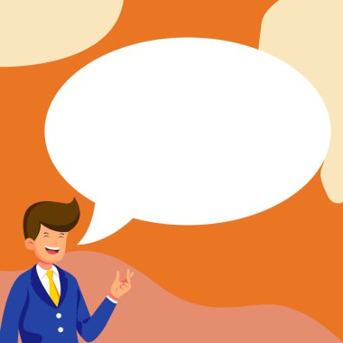 Bussinesman presenting news. White speech bubble contains new information.