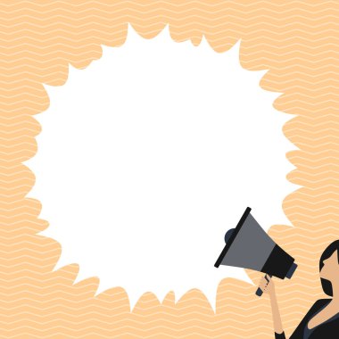 Woman Presenting Text with megaphone. Dialog box on brihgt background.
