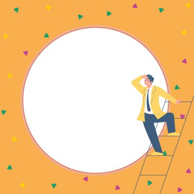 Businessman on stairs looking at text. Empty whiteboard with new Ideas.